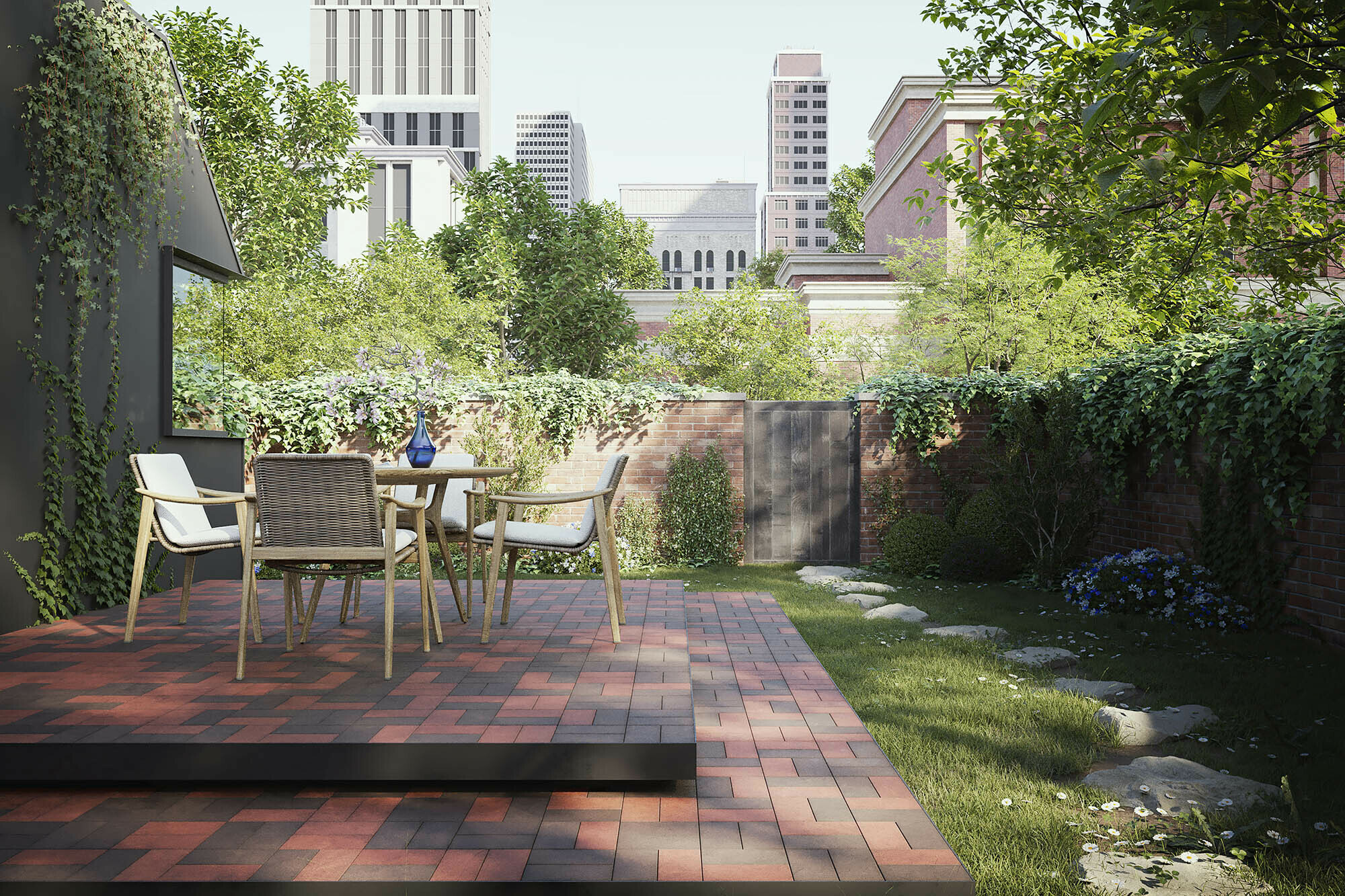 Ground level deck in backyard